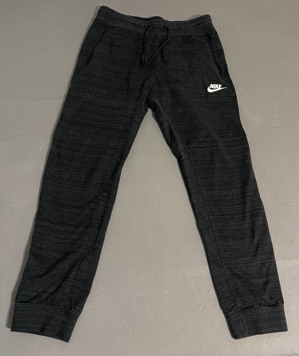 Nike Black Heather Fleece Joggers Sweatpants Large Zip Pockets Logo Excellent